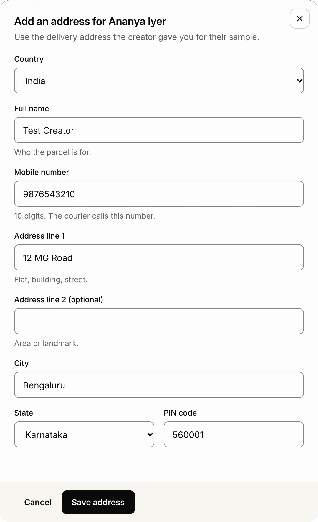 POPVERSE dialog to add a delivery address for a creator, with name, mobile number, city, state and PIN code