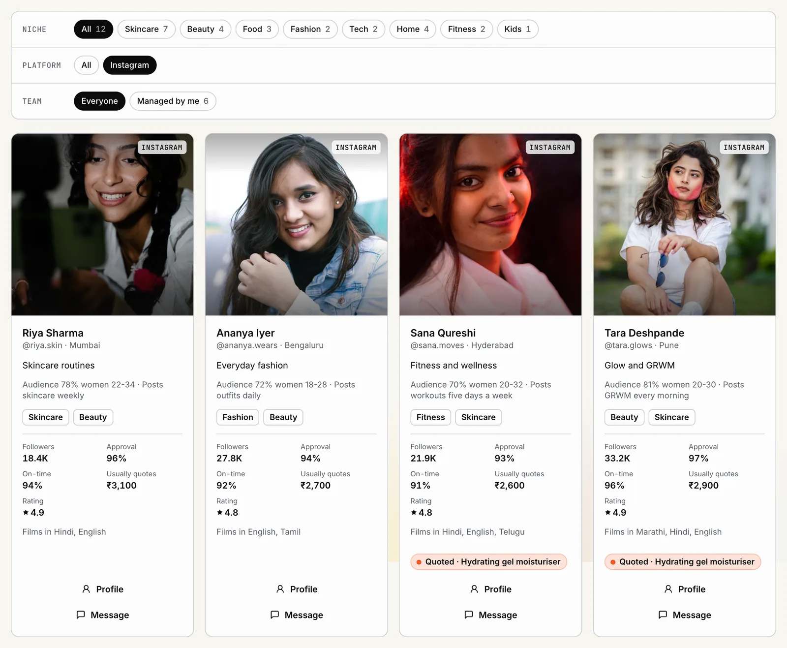 POPVERSE creator network with niche filters, creator cards and stats