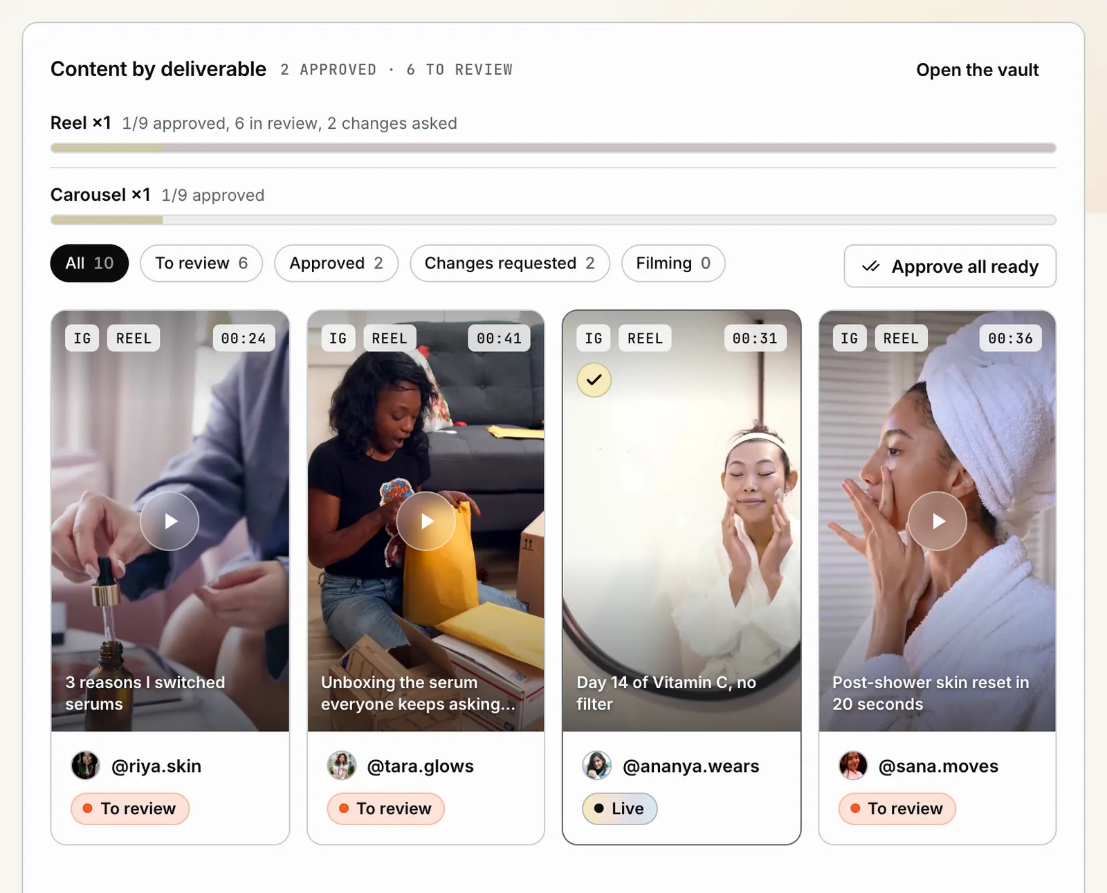 POPVERSE drop overview with progress per deliverable, review filters and pieces with their review state