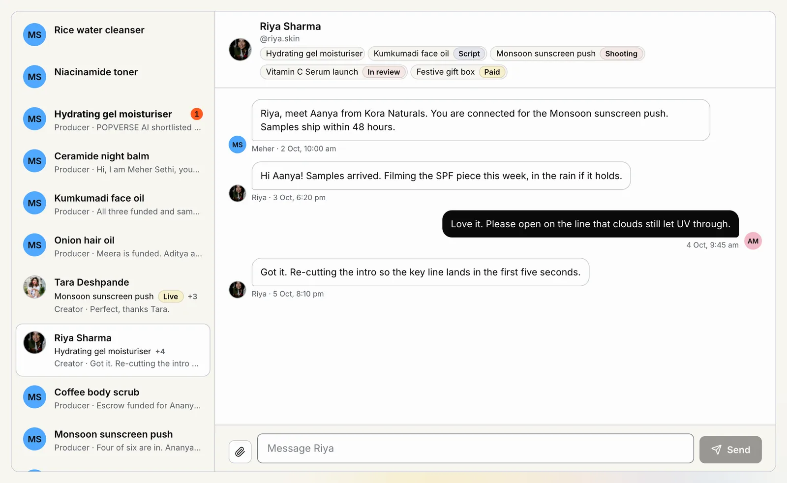 POPVERSE messages with a list of creator threads and a chat that shows every drop the creator is on