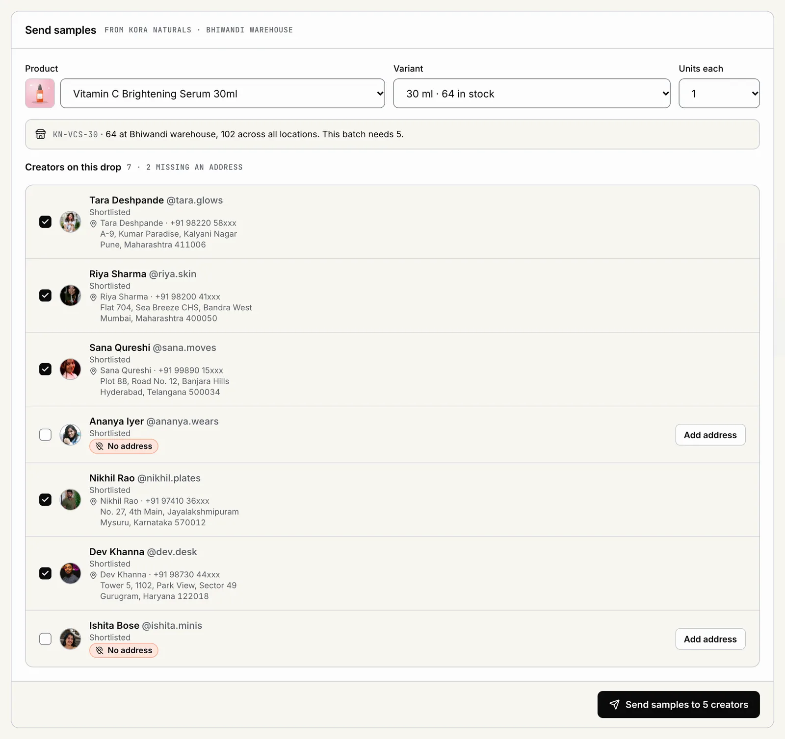 POPVERSE samples tab with a product and variant picker, stock, and creators with their addresses