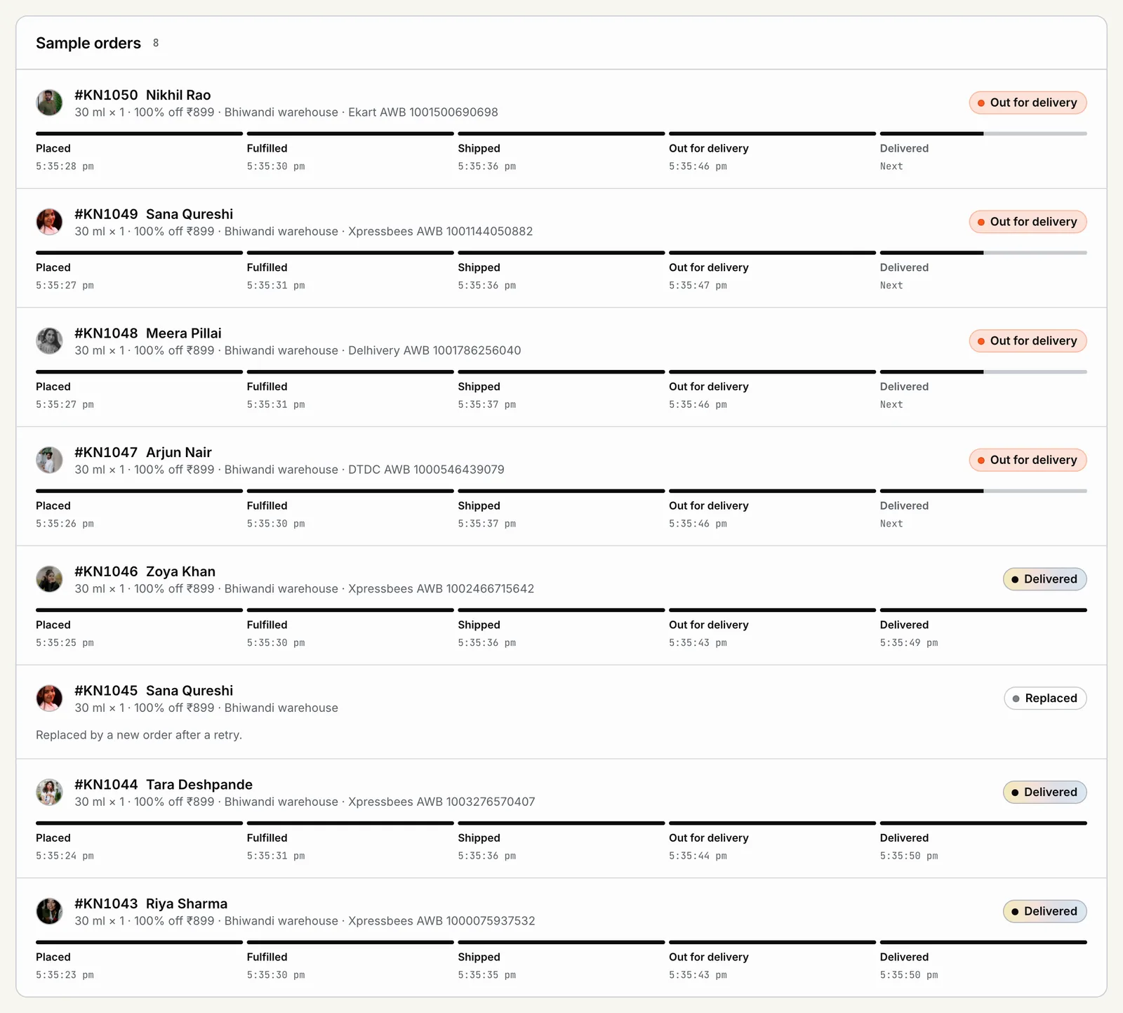 POPVERSE sample orders with a Shopify order per creator and parcel progress from placed to delivered